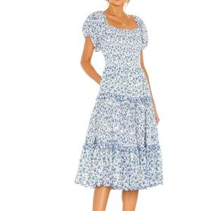 Loveshackfancy masie dress in blue jay song white blue floral print cotton midi
